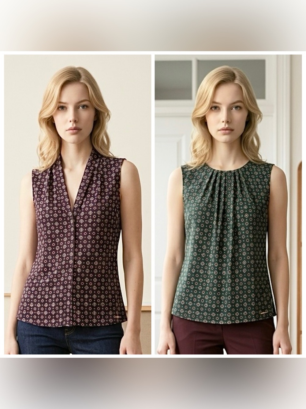 Set of Two Calvin Klein Sleeveless Tops Geometric Print Green Brown Size M NWOT